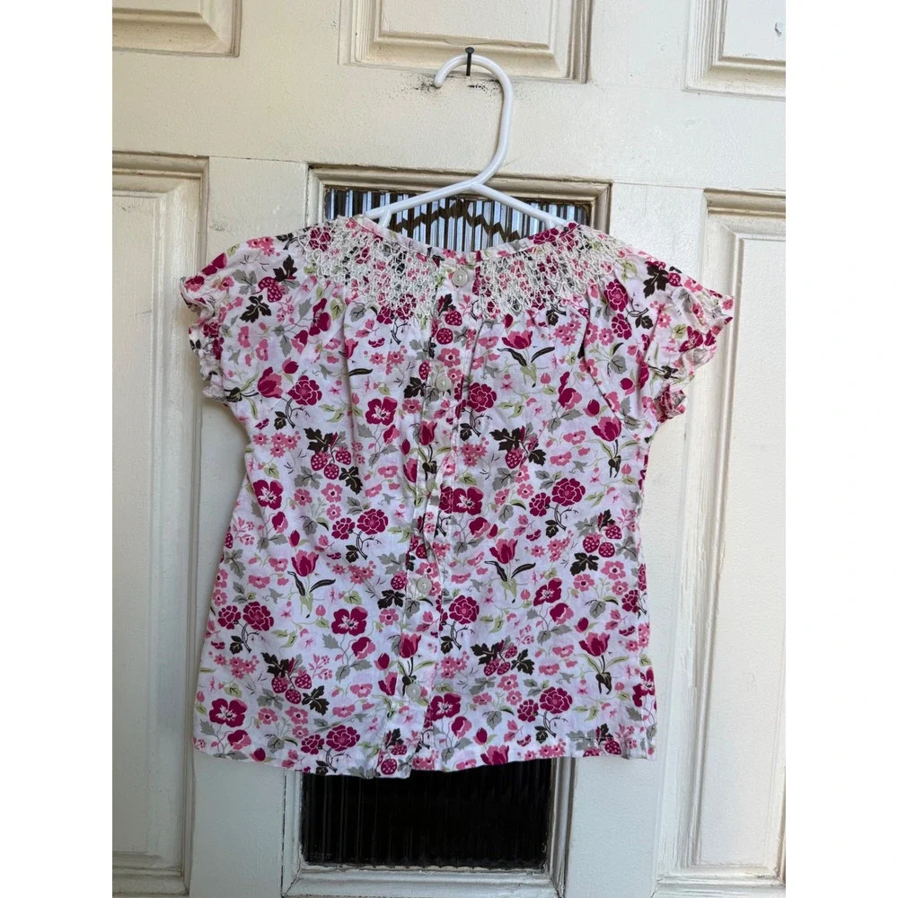 Janie and Jack Girls Pink Floral Smocked Button Back Cotton Blouse Size 2T
